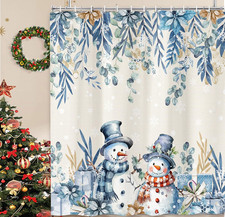 Christmas Shower Curtain, 70x70, Blue Snowman, Eucalyptus, Waterproof, 12 Hooks