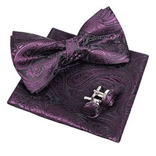 Mens Paisley Bow Tie, Pocket Square, Cufflinks Set Plum Purple