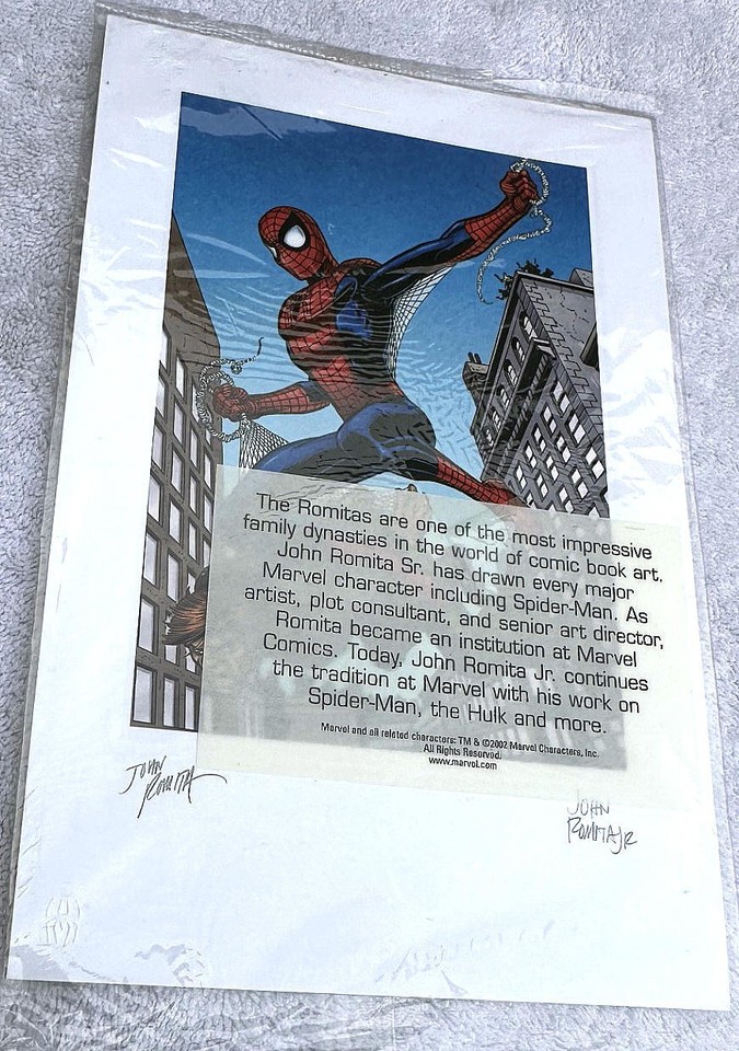 2002 Sealed Marvel Spiderman Lithograph Signed by John Romita Jr., 10  x 7 . Comic Art