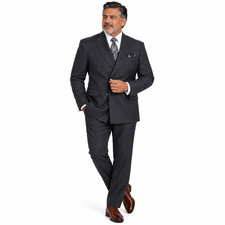 Vinci Men's Heather Gray Double Breasted Regular Fit Suit Elastic Waist Big Tall