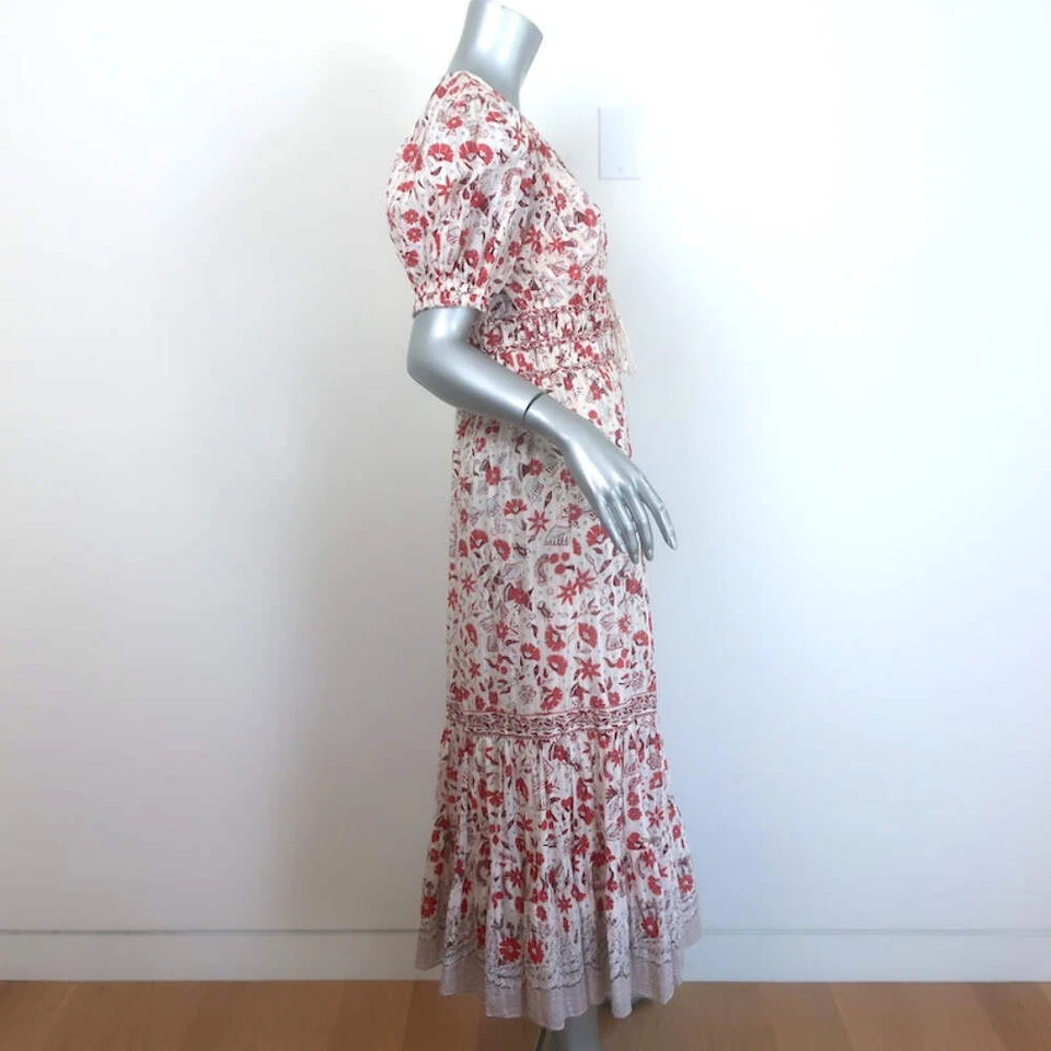 Ulla Johnson Zaria Puff Sleeve Midi Dress Cream/Red Floral Print Cotton Size 6 - Image 4 of 4