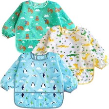 3 Pack Waterproof Long Sleeve Baby Bibs for Eating Messy Play, Toddler Smock
