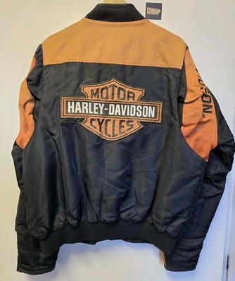 Harley Davidson Riding Jacket L Black Orange Shield Nylon Bomber Zip