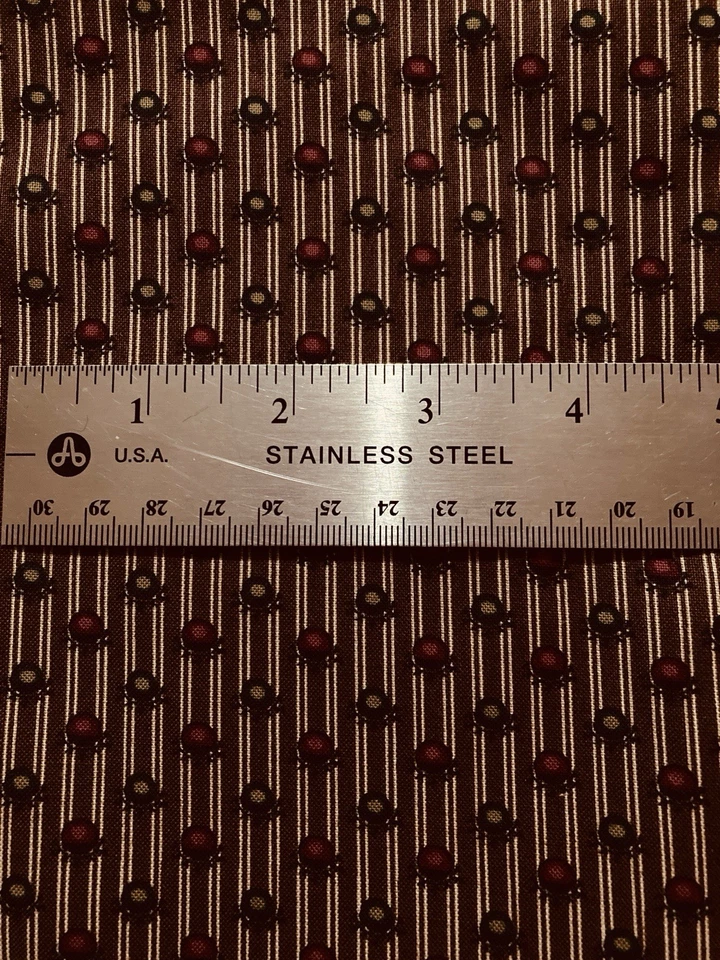 Maroon Lt Brown Abstract Flowers on Stripe Brown Fabric Moda Legacy 1870 Repro - Image 2 of 3