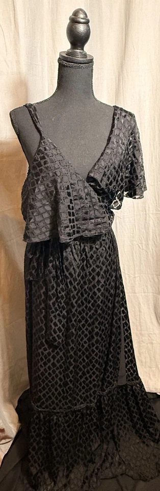 Diane Von Furstenberg Women's Burnout Satin Ruffle Long Wrap Dress Black Size M - Image 2 of 4