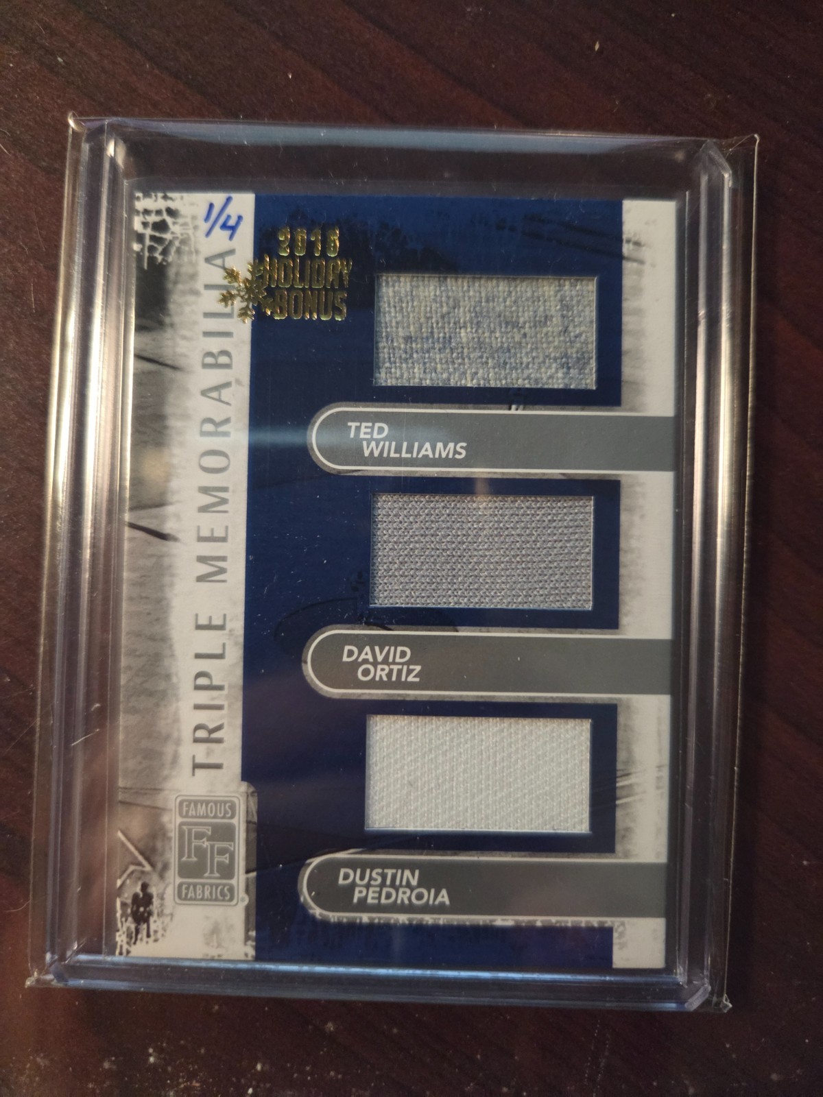2010 Famous Fabrics Ted Williams Ortiz Pedroia Triple Game Used Jersey 1/4 BOS view 1