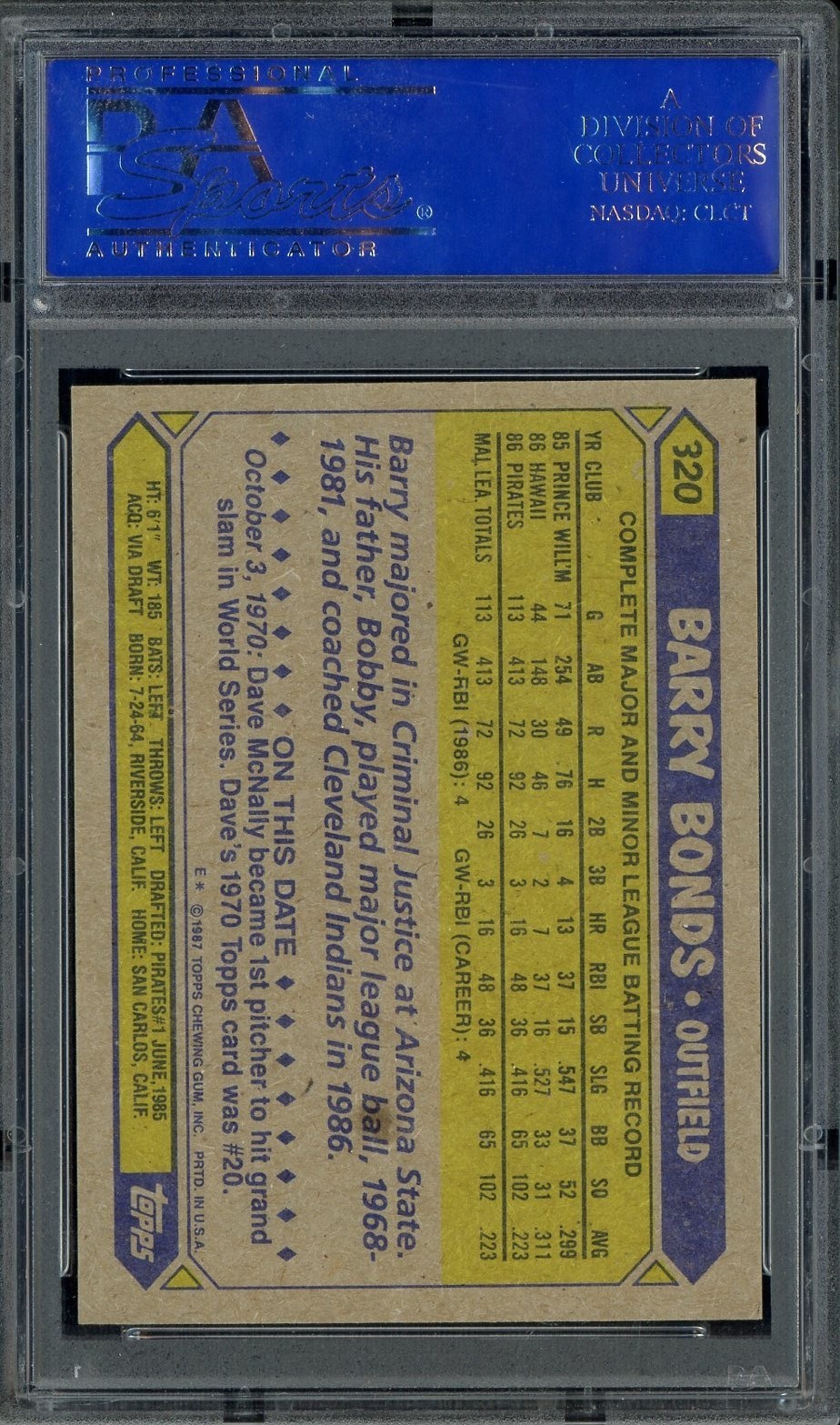 1987 Topps #320 Barry Bonds Pittsburgh Pirates RC Rookie PSA 9 MINT view 2