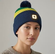 Navy Blue Heat Machine USB LED Block Stripe Bobble Hat with Rechargeable Light