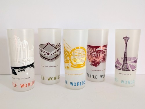 Vintage MCM 1962 Seattle Worlds Fair Set of 5 Highball Frosted Tumbler Glasses