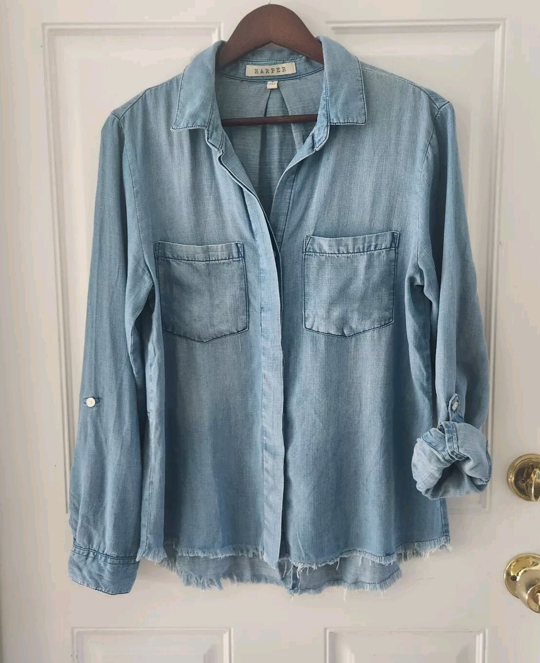 Harper Chambray Button Front Split Back Roll Tab … - image 1