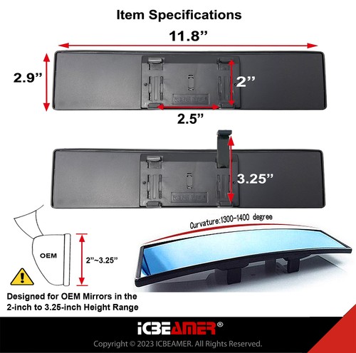 Universal ICBEAMER 300mm Convex Blue Tint Interior Clip On Rear View Mirror H552 - Picture 5 of 8