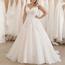 Plus Size A-line Wedding Dresses V-neck Applique Lace Up Back Bridal Gown Train