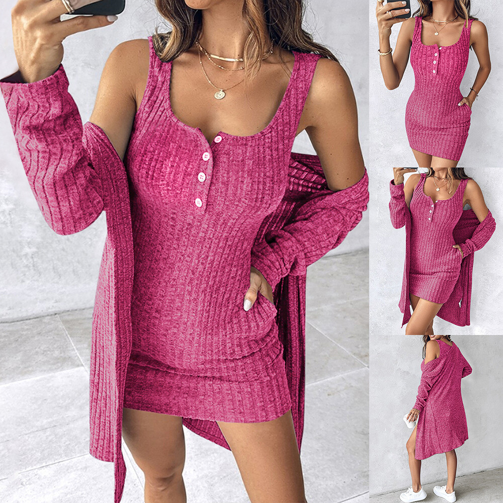 Damen Ärmellos Minikleid Langarm Longjacke 2tlg Kurz Partykleid Herbst Outfits