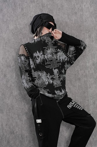 Invierno Mujeres Moda Sexy Malla Remache Fuera del Hombro Impreso Camisetas Prendas para el torso de Lujo - Imagen 3 de 9