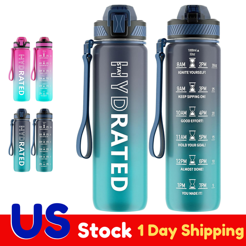 32oz Motivational Sports Water Bottle for Gym with Straw & Time Marker, BPA Free
