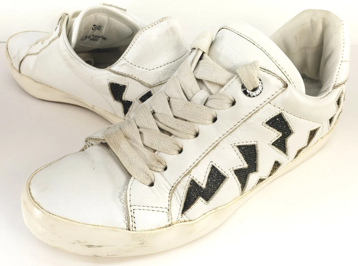 Zadig Voltaire Flash Lurex Lightning Bolt White Leather Sneakers Sz 5 5.5B 36E