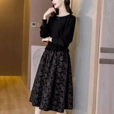 Damen Strickkleid genäht Blumen Fake Two mittellang A-Linie Kleid