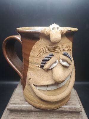 Funny Face Pottery Mug With Small Face On Rim