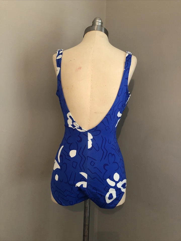 Винтажный 70-х Roxanne цельный купальник синий белый мод цветочный геометрический 32D XS/S США - Изображение 3 из 4