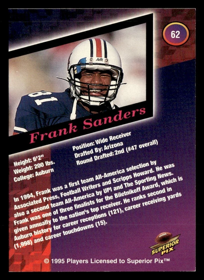 Frank Sanders 1995 Superior Pix Rookie Card #62 Auburn Tigers - Image 2 of 2