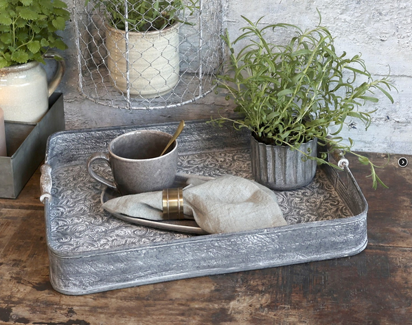 Chic Antique Tablett Mit Muster Metall Antik Zink 44X34 Cm Vintage Shabby-image
