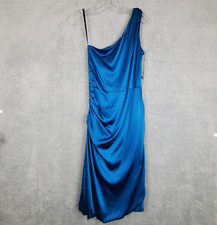 Maria Blanca Nero Prom Dress Sz S Blue Y2K Silk One Shoulder Ruched Bubble Hem