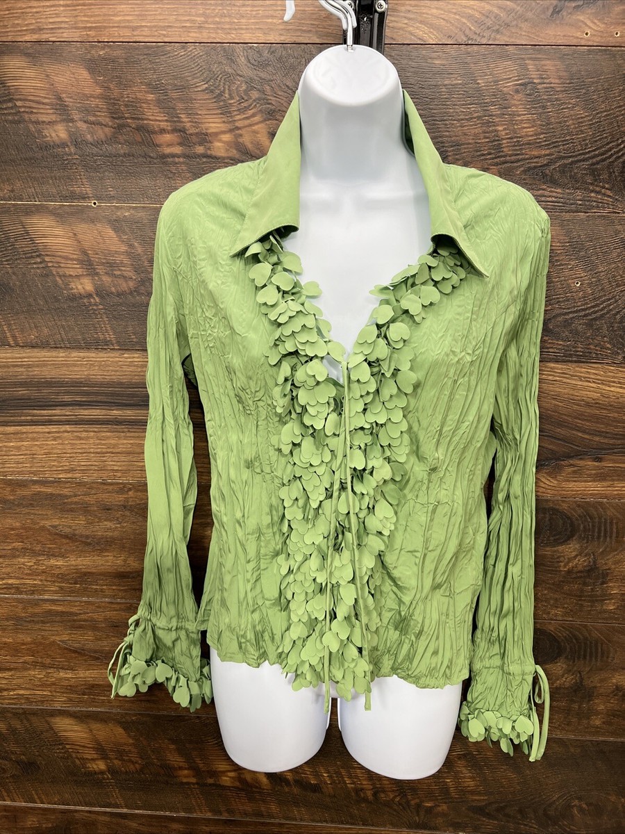 Violet Claire Blouse L Green Crinkle Hearts Rocker Fairycore