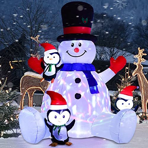 7Ft Lighted Christmas Inflatable Snowman with Three Cute Penguins, Rotating 7