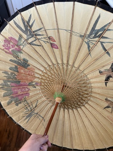 Japanese Women’s Hand Painted Rice Paper Bamboo Parasol Umbrella Birds Floral