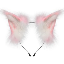 Faux Fur Fox Wolf Ear Headband Pinkwhite Handmade Cosplay Costume Hair Accessory