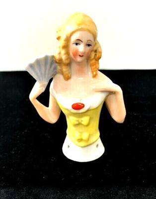 Antique GERMAN #8022 Porcelain HALF DOLL Female w/Fan Curls Blonde Hair 3.25'' H 