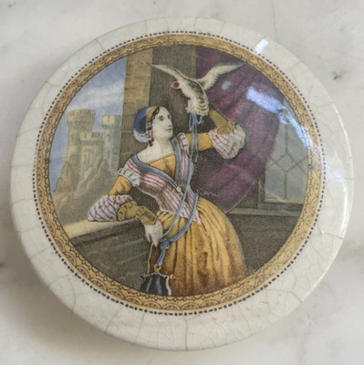 Antique Pratt Small Pot Lid Prattware Lady with Hawk 106 (106) c1860