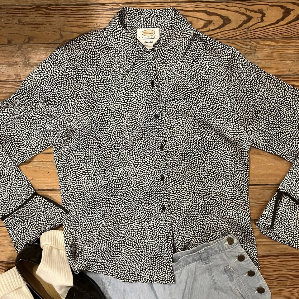 Blusa vintage Talbots negra blanca a lunares seda abotonada para mujer 8 Petite Foto 2 de 4