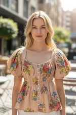 Love the Label Floral Peplum Blouse S Puff Sleeve Button Front Top Cottagecore