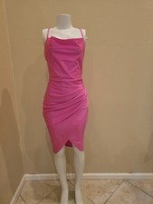 Hot Pink Satin Cowl Neck Ruched Midi Dress Cross Back Party Clubwear L