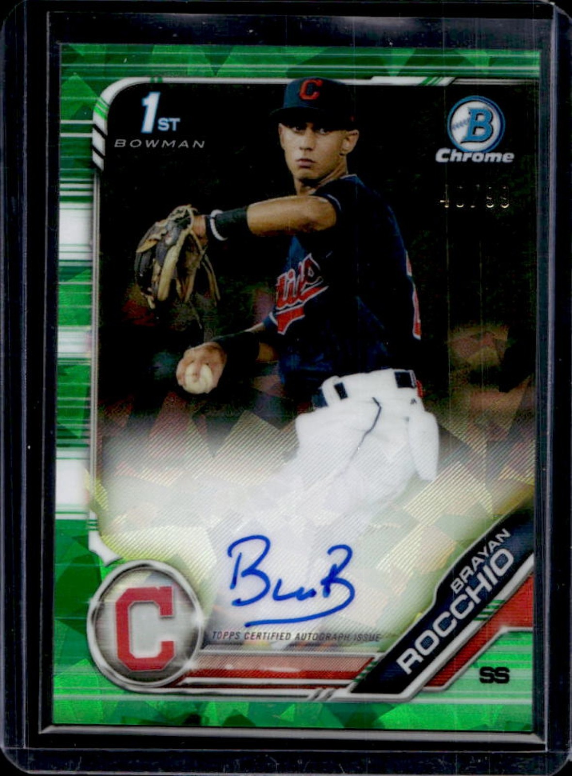 2019 Bowman Chrome Brayan Rocchio Auto 1st Green Atomic Refractor #/99 Indians