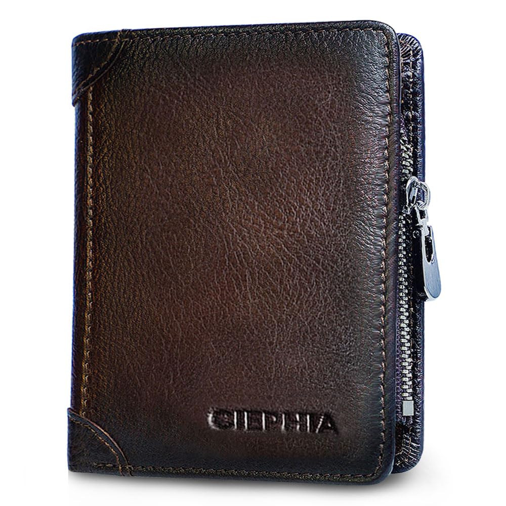 RFID Blocking Bifold Leather Wallet for Men with Zipper Coin Pouch
