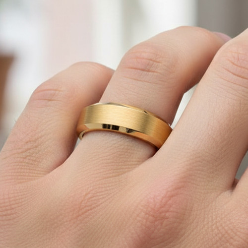 6mm Yellow Gold Tungsten Wedding Ring – Brushed Finish & polished Beveled Edges