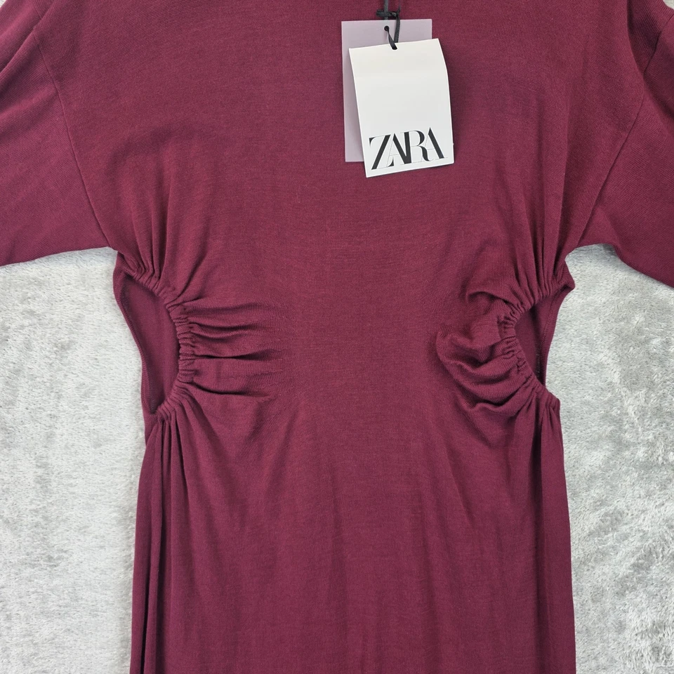 Vestido Zara Mujer Pequeño Borgoña Manga Larga Acanalado Cintura Recortes Maxi Algodón Foto 3 de 4