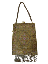 Antique Art Deco French Steel Cut Micro Beaded Purse With Silk Lining Mirror