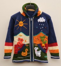 Kinder Strickjacke dunkelblau Gr. 134/140 Kapuze  Tiere Peru Lama Hase Sonne