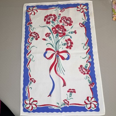 Vintage Style Floral Carnation Bouquet Kitchen 16''  x 25'' Dish Towel Red Blue