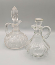 2pc Clear Glass Cruet Set w/ Stoppers, Floral Pattern, Round, Handled