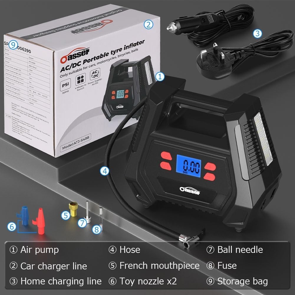Compressore Aria Gonfiatore Pneumatici 150 Psi - 12V Ac/dc con Luce LED e 5 Ugelli - Miniatura 10