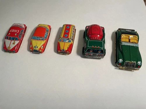 Vintage Lot Tin Litho Friction toys-Cement Mixer, Convertible, Bus, Chief, Taxi