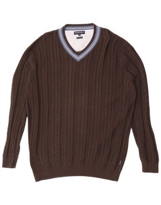 Basefield Mens V-Neck Jumper Sweater 2XL Brown Striped Cotton NP09