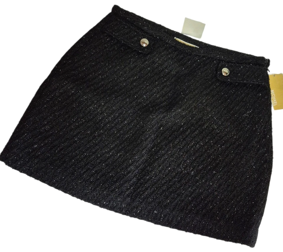 Minifalda Michael Kors Tweed Metálica Talla 6 Negra Plata Botón MS570FSAER Nueva Foto 4 de 4