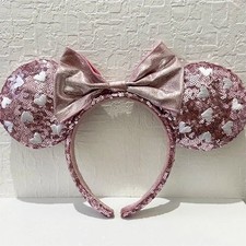 Disney- Parks Pink Sequin White Heart Minnie Mickey Ears Bow Headband Gifts