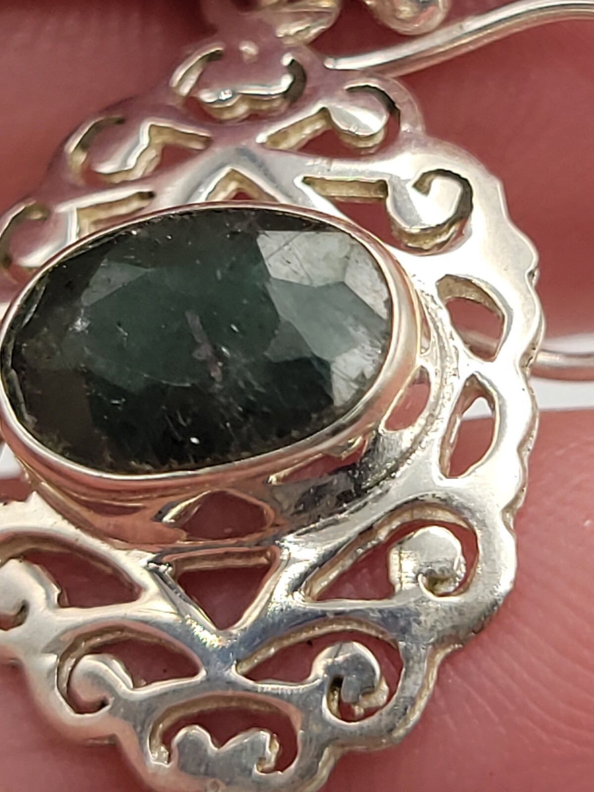 Sterling Silver Scroll Deep Green Gemstone Dangle… - image 4