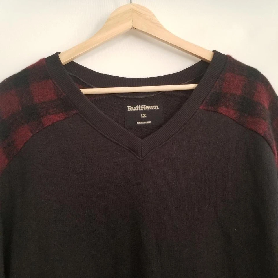Ruff Hewn Wool Buffalo Plaid Check Crewneck Sweater 1X Plus Black Burgundy Red - Image 3 of 4
